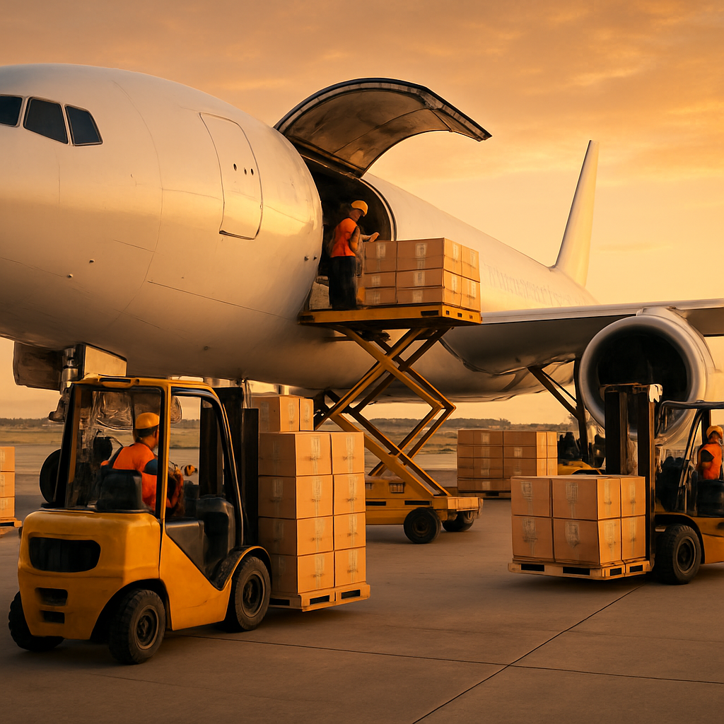 Workers loading boxes and pallets into a cargo airplane