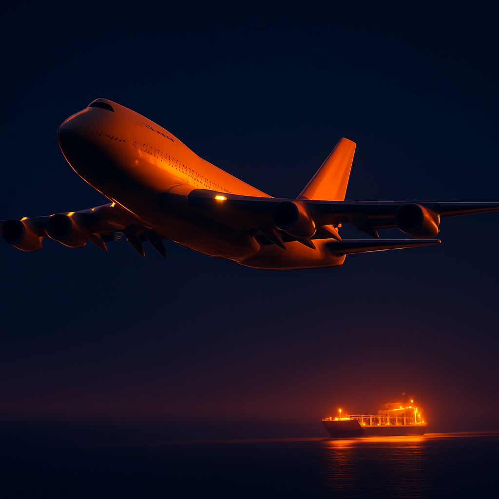Cargo freighter airplane flying through neon light trails