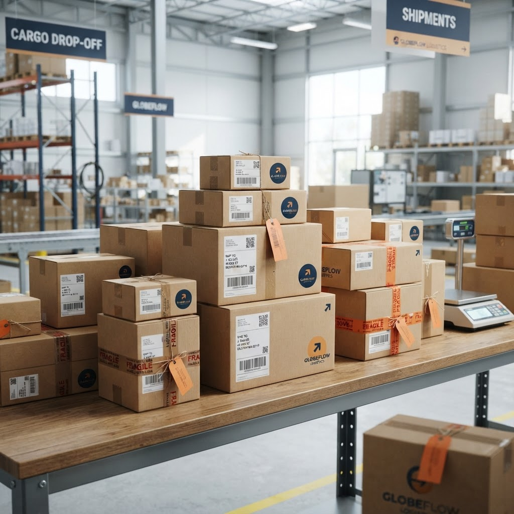 Securely packed and labeled parcels stacked at a shipping warehouse drop-off counter